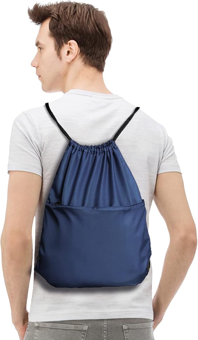 Drawstring Backpack Sports Water Resistant String Bag Sport Gym Sackpack for Women Men Large with Zipper, Navy