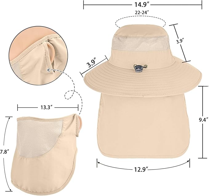 Sun Hats for Men Women Fishing Hat UPF 50+ Breathable Wide Brim Bucket Hats Summer UV Protection Safari Hat with Neck Flap