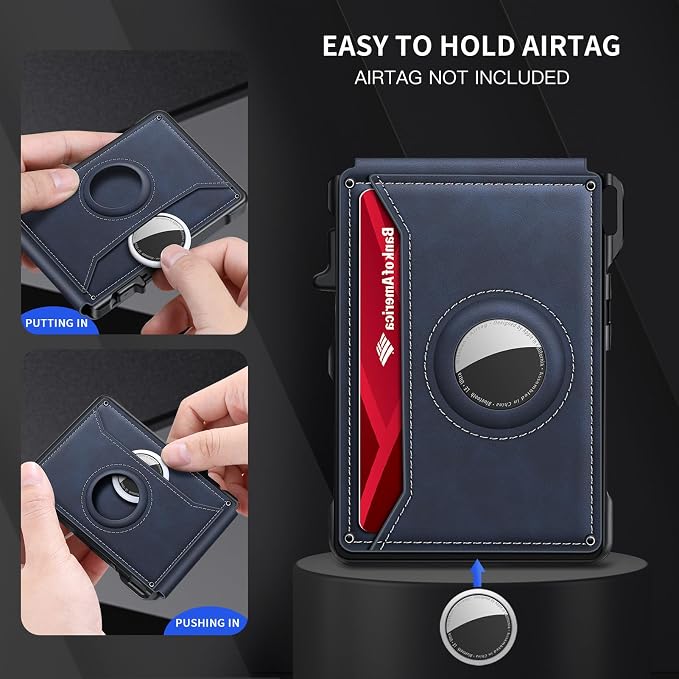 KIKVES Airtag Wallet for Men, Mens Smart Wallet for Air Tag RFID Blocking, Minimalist Bifold Pop Up Aluminum Credit Card Case Holder 12+ Cards with ID Window, Gift for Men, No Airtag Included, Navy