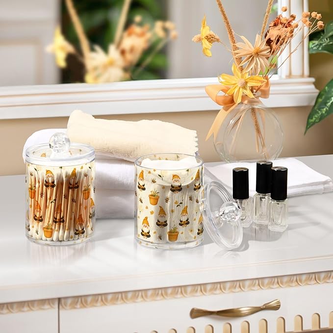 Gredecor Qtip Holder Dispenser 4 Pack Gnome Bees Flying Dwarf Daisy Apothecary Jars with Lids Bathroom Vanity Countertop Canister Storage Organizer for Cotton Ball,Swabs,Pads,Floss