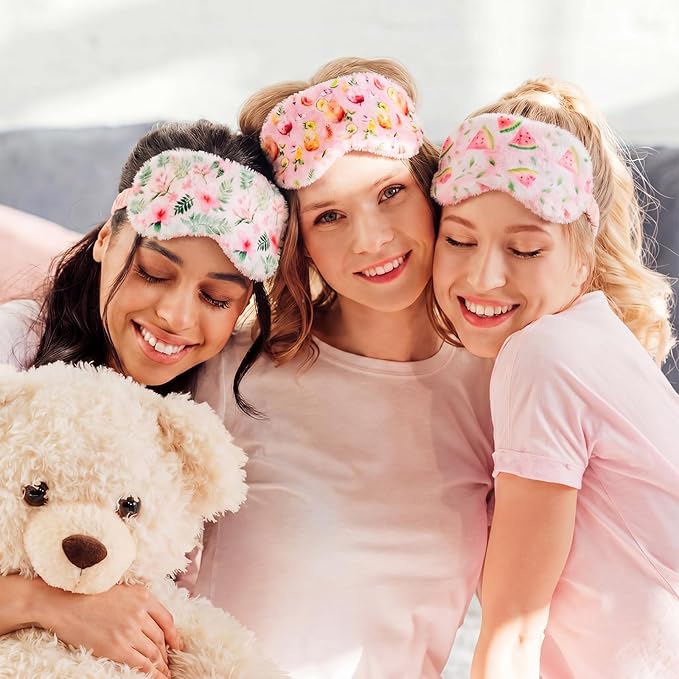 Cuffbow 6 Pack Plush Sleep Mask Set, Cute Plush Eye Masks for Sleeping, Soft Comfortable Travel Nap Blindfold, Sleepover Party Favors for Women (Summer,Pink)