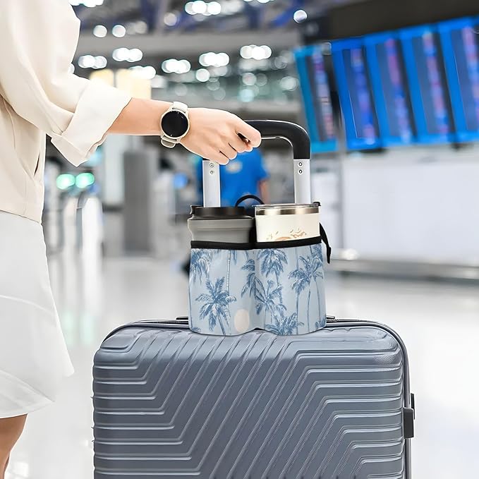 Luggage Cup Holder for Suitcases Free Hands Suitcase Cup Holder Travel Luggage Drink Holder Portable Luggage Cup Caddy Bag Carrier with Handle Light Blue Palm Trees and Sun
