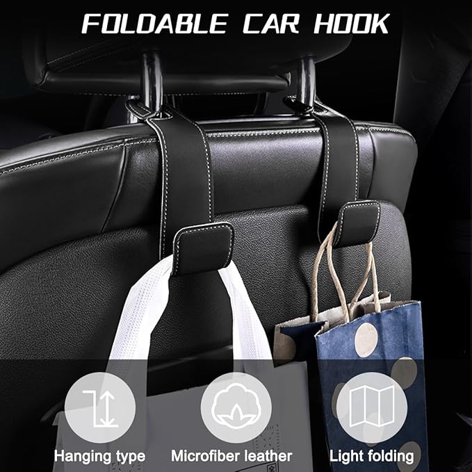 2PCS Car Seat Headrest Hook, Leather Vehicle Seatback Organizer Hanger for Hanging Purses Bags Coats, Auto Seat Back Storage Hook Accessories, Universal for SUV, Sedan, Truck (Gray)