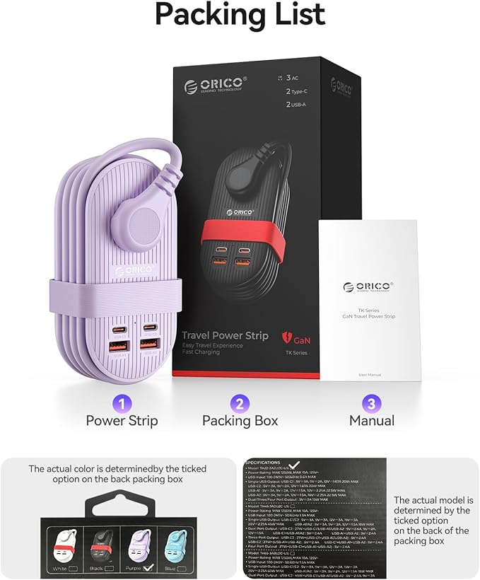 ORICO 22.5W Travel Power Strip, 7 in 1 Charging Station with 3AC, 2 USB-A, 2 USB-C, 4ft Extension Cord, Flat Plug Fashion Essential for Cruise Ship/Travel/Home/Office/Dorm -TK22
