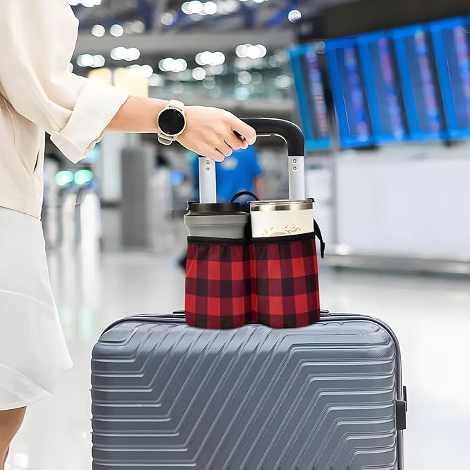 Luggage Cup Holder for Suitcases Free Hands Suitcase Cup Holder Travel Luggage Drink Holder Portable Luggage Cup Caddy Bag Carrier with Handle Red and Black Buffalo Plaid