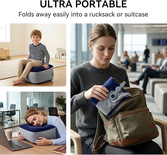 Inflatable Foot Rest Pillow, Portable Travel Foot Elevator for Airplane, Lightweight Foot Stool for Economy Class, Grey, Upgrade Version
