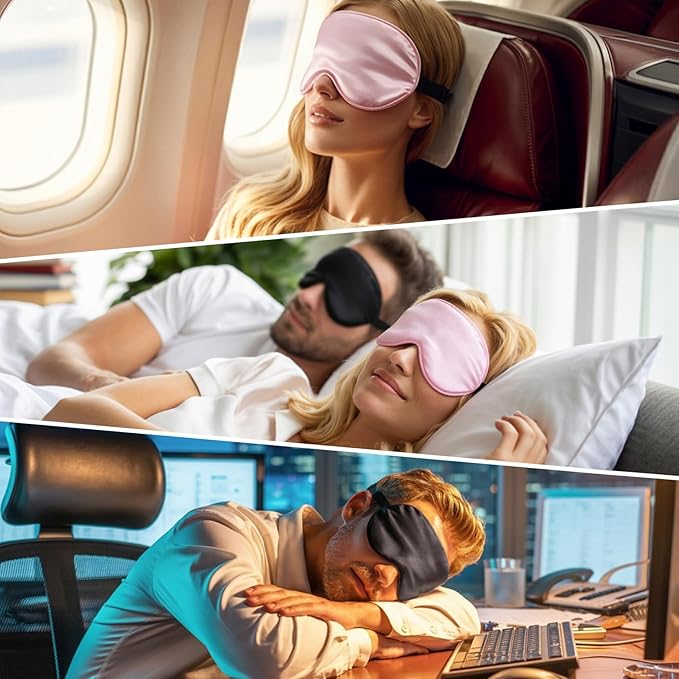 Sleep Eye Mask for Men Women, Silk Sleep Mask for Side Sleeper, Travel Blackout Night Blindfold Eye Shade Cover with Adjustable Strap, Classic Flat Style(Black & Black)