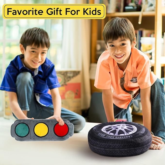 Woanger 2 Pcs Race Car Room Decor Racing Plush Throw Pillow Set Gift 15.7 Inch Soft 3D Simulation Wheel Pillow Funny Tire Cone Traffic Light and Stop for Valentines Bedroom Decorations(Traffic Light)