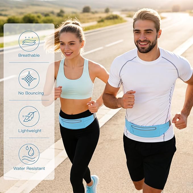 Slim Running Belt for Men Women - No-Bounce Phone Holder Waist Pack, Runners Fanny Pack with Sweat-Proof Pocket ,Travel Money Pouch for Gym/Hiking/Cycling (Light Blue)