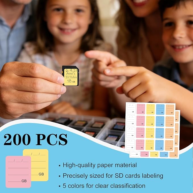 200PCS SD Card Labels, Stick-On Camera Memory Card Labels for Photographers,Multi-Color Stickers for SD Cards Classcification and Storage, Self-adhesive, Writable(0.98"x0.78")
