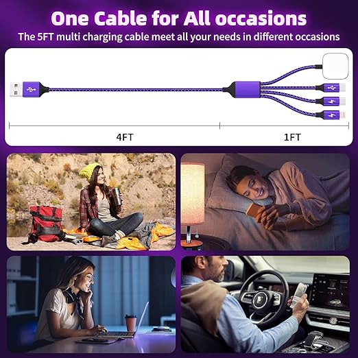 Travel Essentials 4in1 Multi Charging Cable for iPhone Watch Charger,USB A to Dual Type C/IP/iWatch Charger Travel Chargers for Multiple Devices Compatible with iWatch Series&iPhone 17-12 3Packs, 5FT