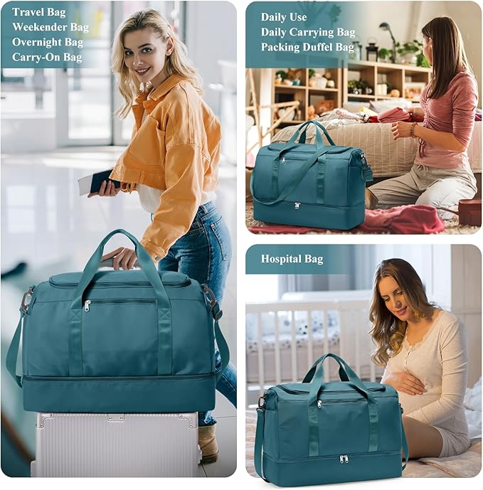 Large Travel Duffle Bag,Carry on Overnight Weekend Bag with Shoes Compartment,Weekender Bags for Women for Travel Business Trips Sport Hospital,Peacock Blue