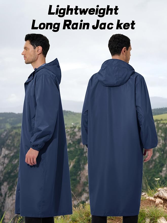 UIQUR Men's Rain Jacket Lightweight Long Raincoat Hood Rain Poncho Waterproof Windbreaker Cycling Running Hiking Packable