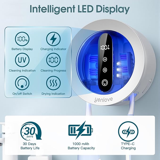 Upgraded UV Toothbrush Cleaner Holder, Electric Toothbrush Holder for Bathroom,Tooth Brush Holders Wall Mounted,LED Smart Screen,Cleaning and Drying Fits All Toothbrushes for Home & Travel