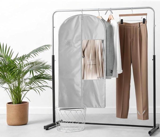 Garment Bags for Hanging Clothes and Travel with 4" Gusseted, Suit Cover for Clothes,Coats,Suit,Jackets,Dress,Shirts,Skirt. (Silvery-48"-1pcs-Satin Fabric)