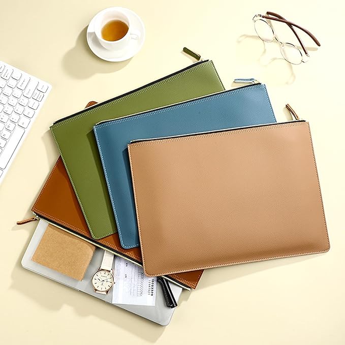 PU Leather A4 File Folder Zipper Document Holder Envelope Folder Case for Receipt Contract (Haze Blue)