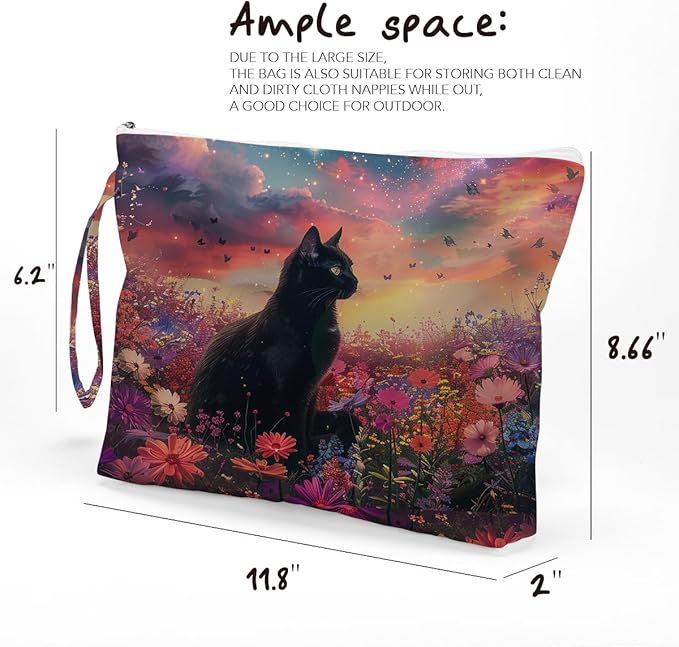 Fokongna Black Cat Print Wet Bag, Small Portable Waterproof Multi-Functional Organizer for Women, Sunset Galaxy Floral Black Cat, Ideal for Daily, Beach & Travel