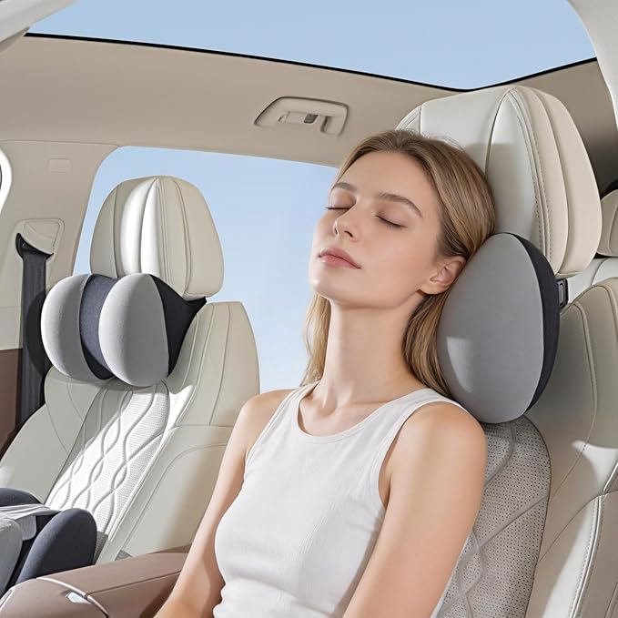 BABUR Car Headrest Pillow, 100% Memory Foam Softness Neck Support Pillow, Universal Fit Head Rest Travel Pillow for Pain Relief While Driving, Gray