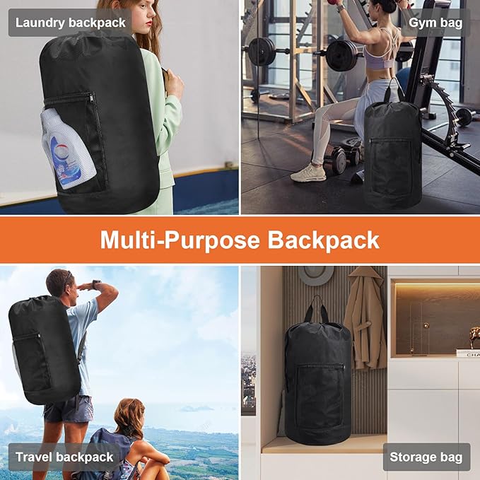 Laundry Bag Backpack Durable Laundry Bag with Shoulder Straps and Mesh Pockets Portable Laundry Hamper Dirty Clothes Bag for College, Travel, Laundromat, Apartment (Black)