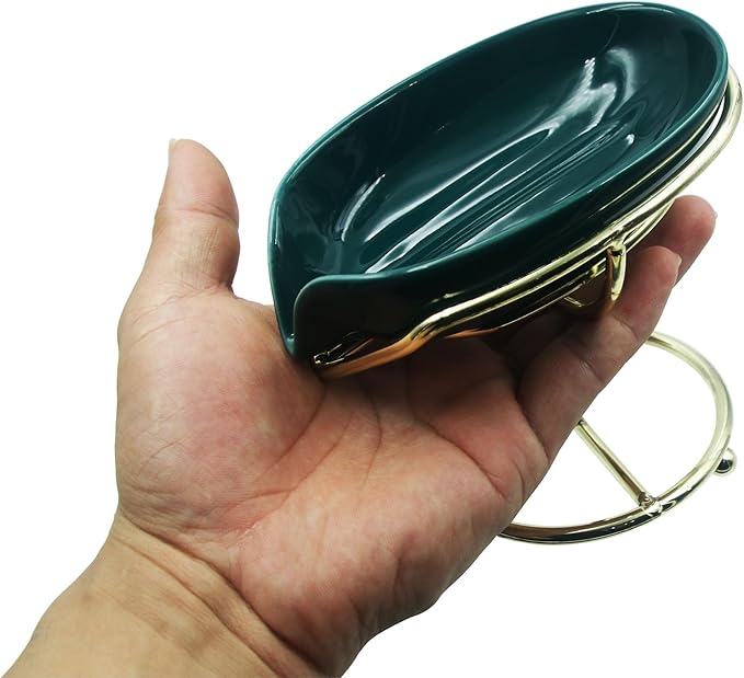 Ceramic Soap Dish, Leaf Shape Self Draining Soap Holder, Sponge Holder, for Shower,Bathroom,Kitchen Sink Organizer (Green Leaf)