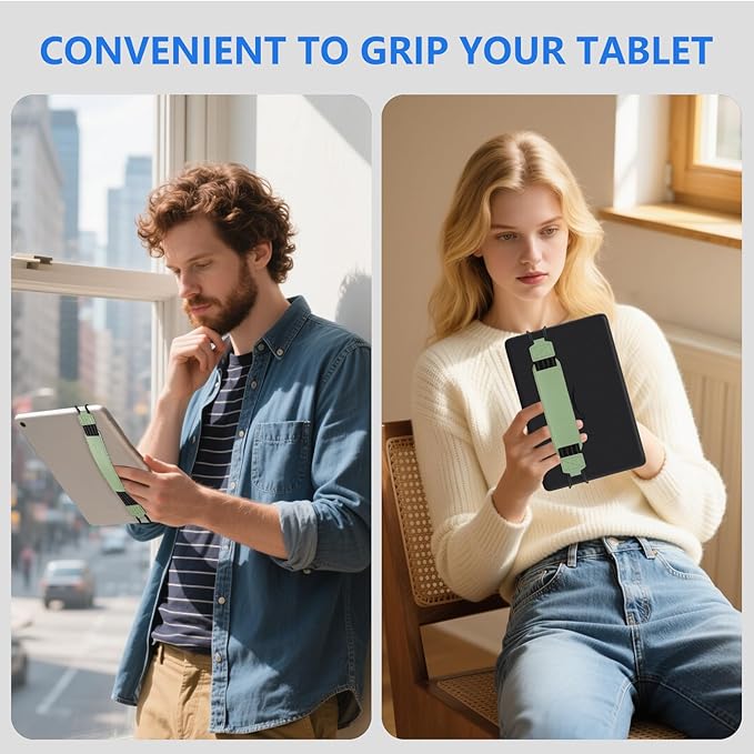 HoYiXi Soft Hand Strap for 9-11 Inch eReaders & Fire Tablet Compatible with Fire HD 10/iPad 9.7 /iPad mini/Galaxy Tab A8 A9/Huawei Lightweight Black High-Elasticity Finger Grip Holder -Green