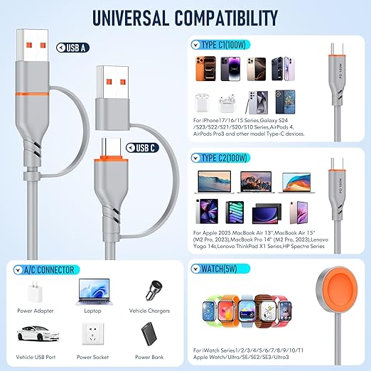 Travel Essentials 3 in 2 Multi Charging Cable 100W USB A/C to Dual USB C/for Apple Watch Charging Cable Silicone Fast Charge Compatible with iPhone 17-15 Series iPad MacBook, Type-C Devices 5FT-Grey