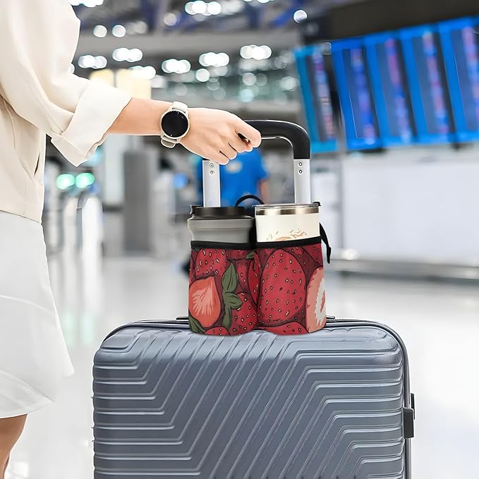 Luggage Cup Holder for Suitcases Free Hands Suitcase Cup Holder Travel Luggage Drink Holder Portable Luggage Cup Caddy Bag Carrier with Handle Cartoon Red Strawberry