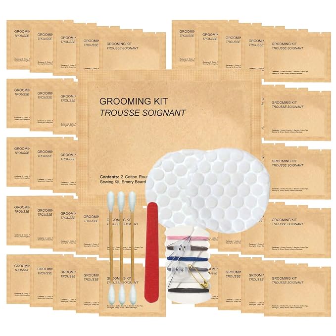 World Amenities Kraft Paper Grooming Kit - Travel Size Toiletries - Cotton Rounds, Bamboo Cotton Tips, Sewing Kit, Emery Board (50 Pack)