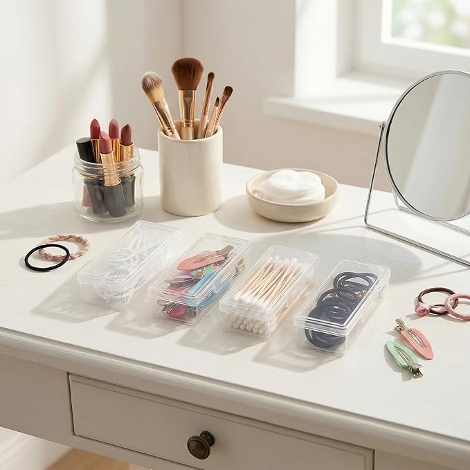 4 Pcs Portable Cotton Swab & Pad Holder for Travel - Clear Plastic Bud Case with Dustproof Lid - Small Dispenser for Floss Picks, Toothpicks, and Beauty Essentials