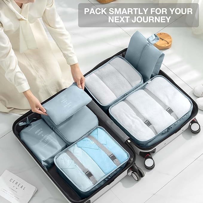9 Set Packing Cubes for Suitcases,Packing Cube with Shoe, Cosmetics, Clothing, and Accessories Bags Packing Cubes for Travel Luggage Organizer Women Men(Blue Grey)