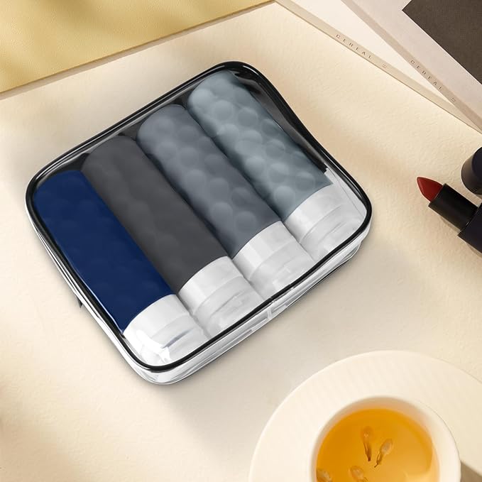 Silevoler Travel Bottles for Toiletries, 4pcs Tsa Approved 3oz Travel Size Containers, BPA Free Leak Proof Premium Silicone Bottles, Refillable Liquid Squeezable Accessories W/Toiletry Bag (Navy Blue)
