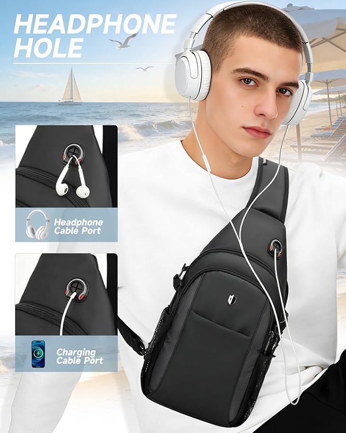 Anti-Theft Sling Bag for Men, Water Resistant lightweight Crossbody Backpack With Side Pocket, Built-in Audio Port, Reversible Strap, Travel Hiking Chest Pack Fits 11 inch iPad & Switch 2