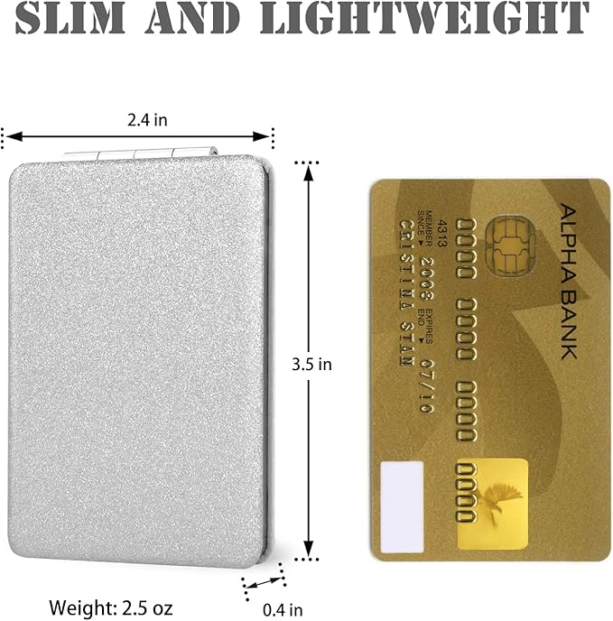 Nice Compact Travel Vanity Mirror for Girls Ladies Women Men, Elegant Silver 2-Sided Folding Makeup Mirrors for Pocket Handbag Purse Wallet Backpack, Portable Slim Magnifying Cosmetic Mirror