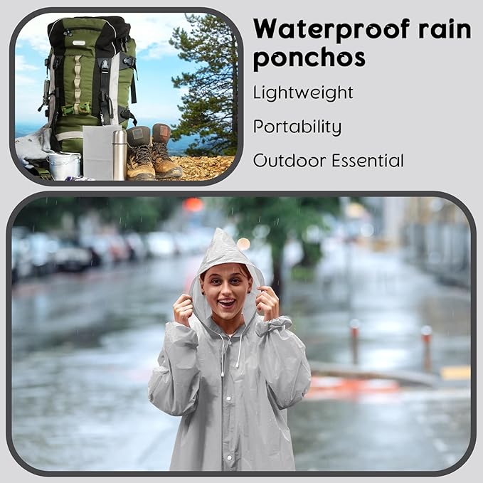 Rain Ponchos for Adults Reusable Rain Coats with Hood and Drawstring Thicken Ponchos Waterproof for Women(Grey)