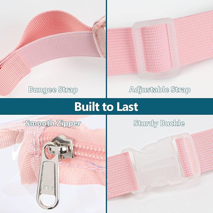 Veckle Clear Fanny Pack Stadium Approved - Adjustable 33-47 Inch Strap, Transparent Belt Bag for Women Men Fits 7.5-inch Smartphone, Waist Bag Clear Bag for Stadium Events, Sport, Concerts, Rose Pink