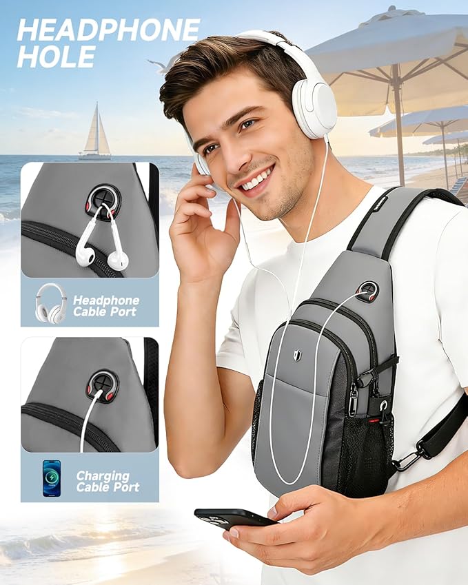 Anti-Theft Sling Bag for Men, Water Resistant lightweight Crossbody Backpack With Side Pocket, Built-in Audio Port, Reversible Strap, Travel Hiking Chest Pack Fits 11 inch iPad & Switch 2