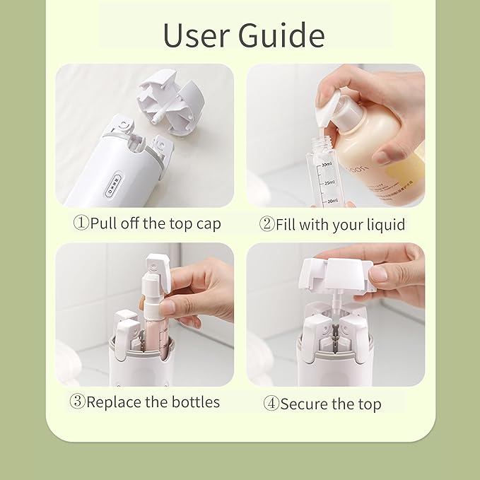 4-in-1 Travel Bottles for Toiletries, Portable Leakproof Pump Dispenser with Foldable Locking Pump, TSA Compliant Refillable Travel Containers for Shampoo, Conditioner, Lotion & Skincare(White)