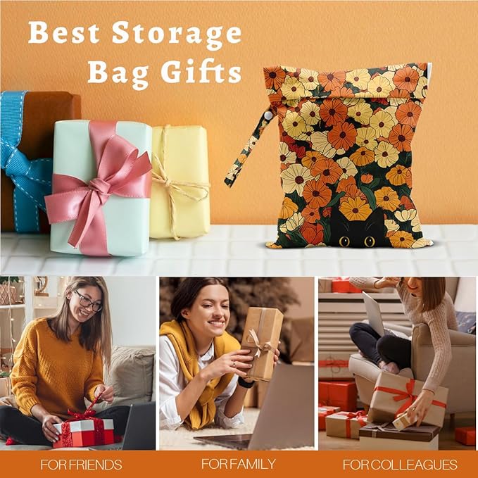 Black Cat Floral Wet Dry Bags Reusable Waterproof Wet Bags Swimsuit Bag Diaper Pouch for Travel Swimsuits Diapers Towels Beach Gym Cat Gifts for Women Friend Travelers 10 x 13 Inches
