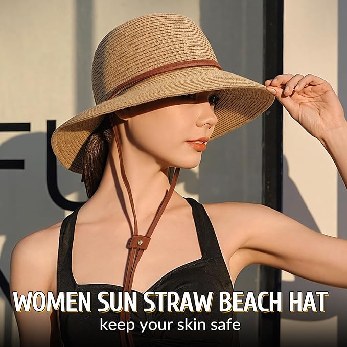 Beach Hat for Women, Wide Brim Sun Straw Hats for Women, Sun Hat Womens UPF 50+ UV Protection, Floppy Foldable Summer Hats
