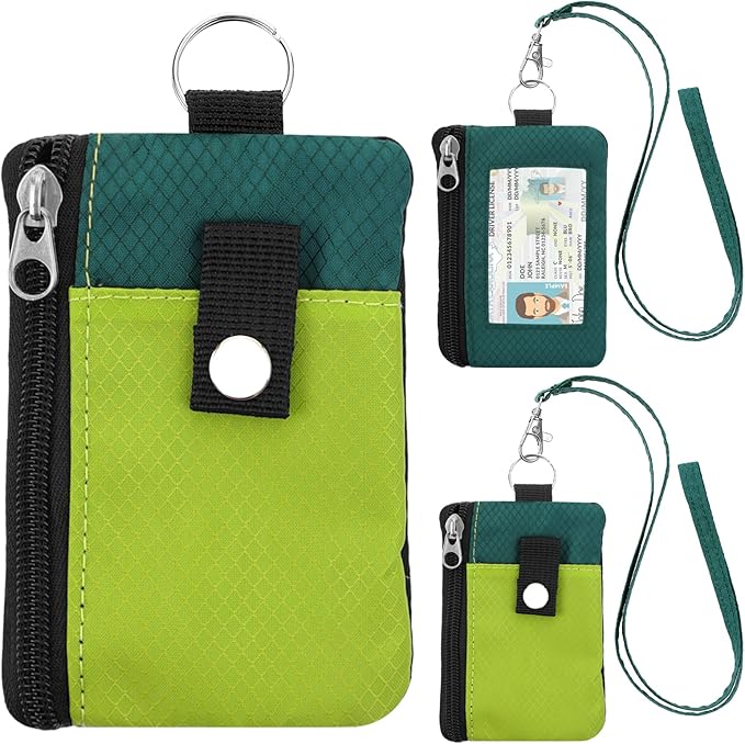 Minimalist Small Wallet for Men Women with 2 Zip Pockets, Multi Functional ID Case with Keychain and Card Holder, Coin Purse Badge Lanyard Pouch for Boys Girls Travel -YellowGreen+DrakGreen
