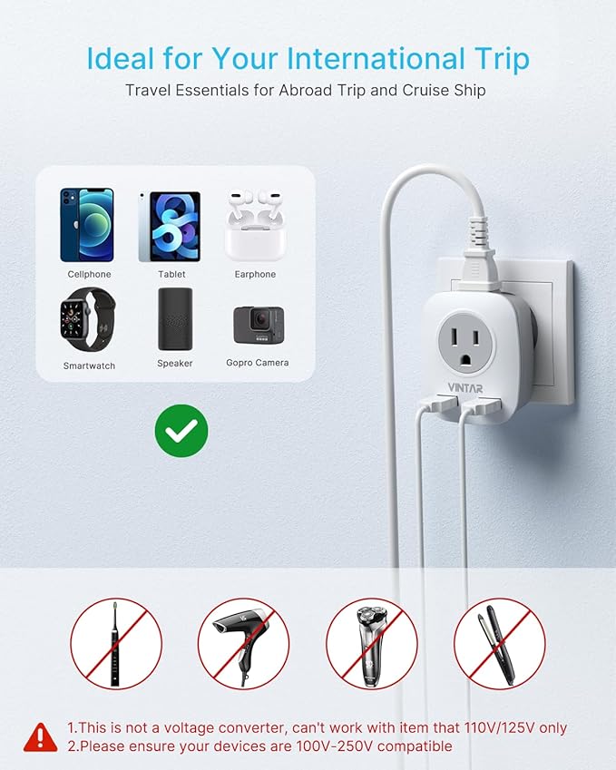 2 Pack European Travel Plug Adapter, VINTAR International Power Plug Adapter with 2 USB Ports,2 American Outlets- 4 in 1 Outlet Adapter,Travel Essentials to Italy,Greece,France, Spain (Type C)