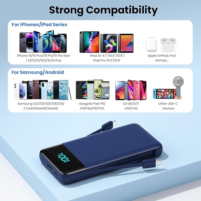 Portable Charger for iPhone with Built in Cables and Wall Plug,Upgraded 13800mAh Fast Charging USB C Power Bank,4 Outputs Travel Essential Battery Pack Compatible with iPhone 17/16/15/14,Galaxy-Blue