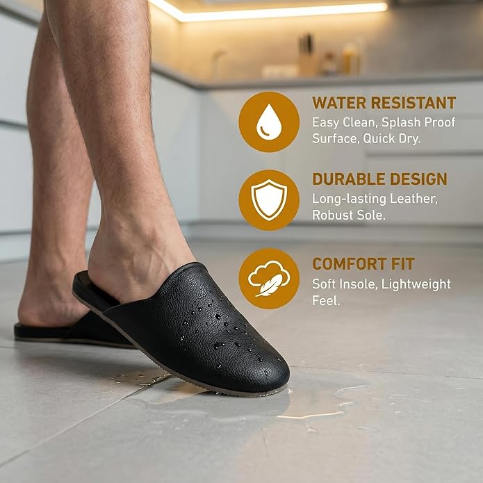 Men's Leather Slippers Top Grain Leather Slippers for Men and Women Scuff Slipper with Memory Foam Minimalist Mules House Slip-on Shoes for Office Home Bedroom Living Room Guests Visitor