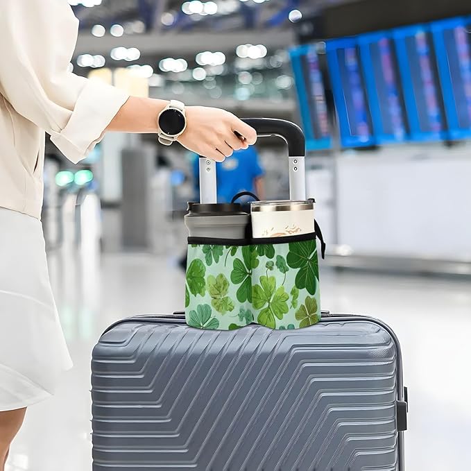 Luggage Cup Holder for Suitcases Free Hands Suitcase Cup Holder Travel Luggage Drink Holder Portable Luggage Cup Caddy Bag Carrier with Handle Green Nature St Patrick Clovers