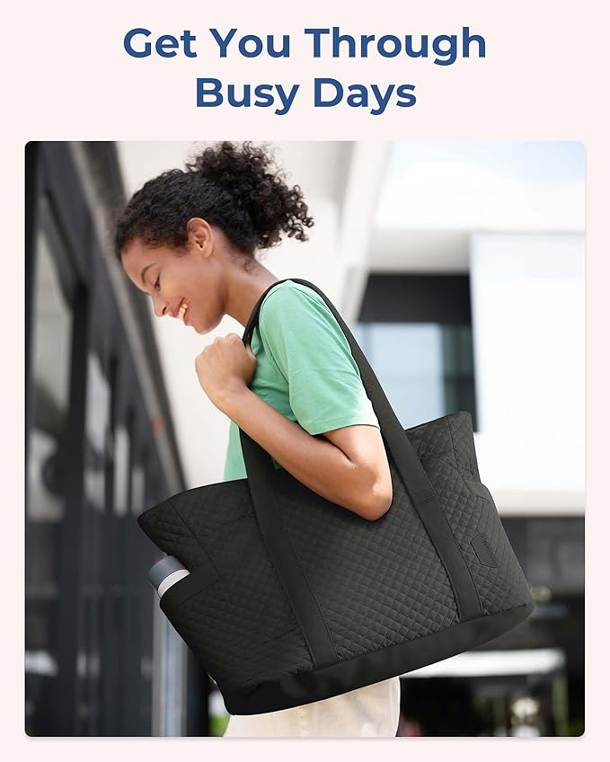 BAGSMART Crush Tote Bag for Women, 20L Puffer Work Tote with Zipper, Travel Essentials Quilted Nurse Hospital Bag