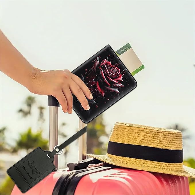 Passport Wallet, Passport Holder with RFID Blocking and Luggage Tag, Waterproof PU Leather Travel Documents Organizer Case, Passport Covers with Card Slot for Women & Men, Blood Rose Passport Book