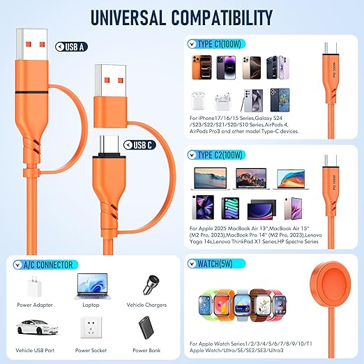 Travel Essentials 3 in 2 Multi Charging Cable 100W USB A/C to Dual USB C/for Apple Watch Charging Cable Silicone Fast Charge Compatible with iPhone 17-15 Series iPad MacBook, Type-C Devices 5FT-Orange
