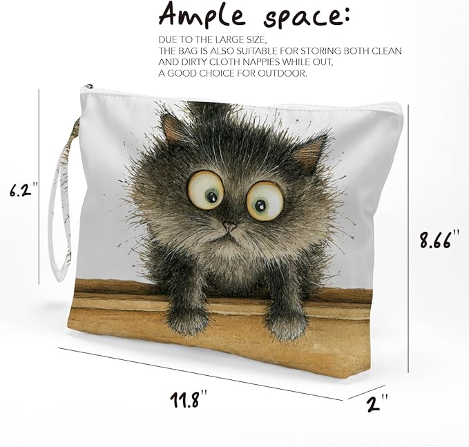 Fokongna Cute Print Wet Bag, Small Portable Waterproof Multi-Functional Organizer for Women, Brown Wooden Plank Grey Cat, Ideal for Daily, Beach & Travel