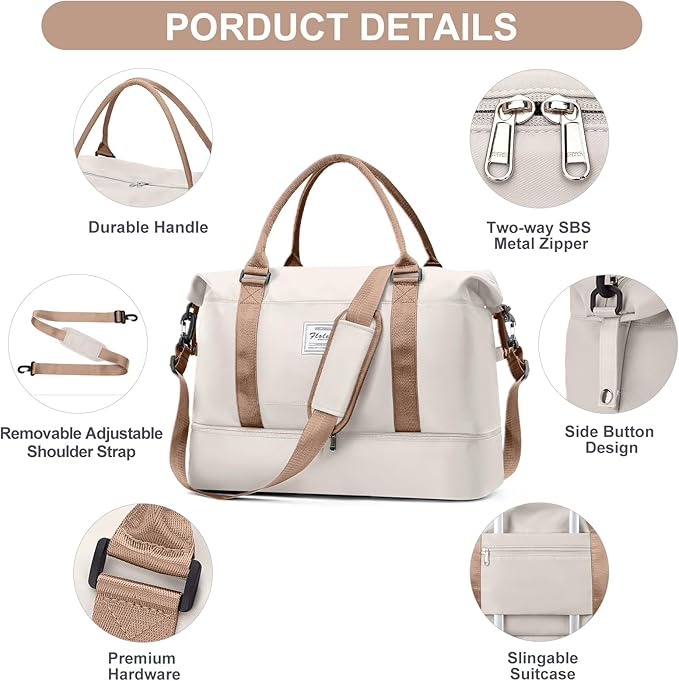 Weekender Bags for Women,Travel Duffle Overnight Bag with Shoe Compartment,Personal Item Carry On Bag,Beige & Brown,Extra Large,3 Pcs Set