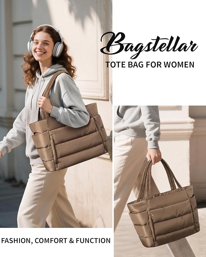 Bagstellar Puffer Tote Bag for Women, Lightweight Puffy Work Handbag Teacher Nurse Quilted Shoulder Bag for School Travel Gym | Cloud Bag w/ Zipper